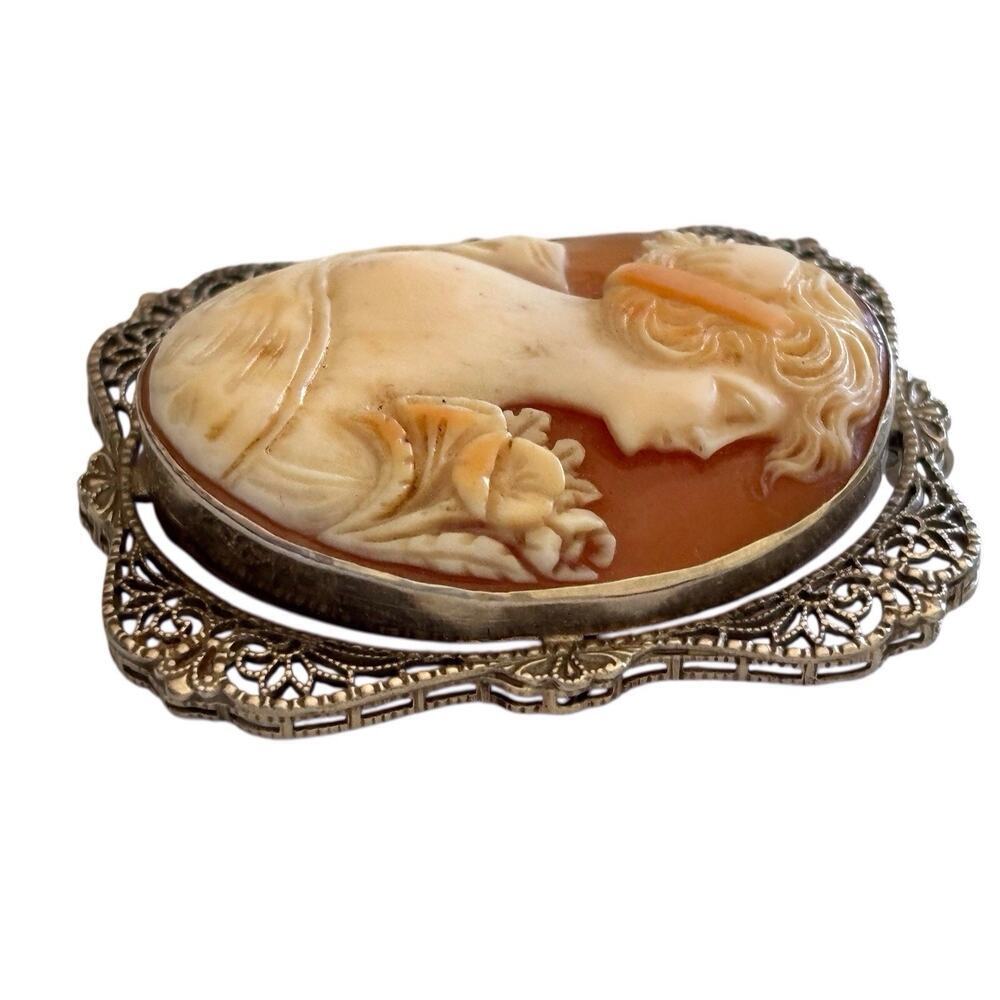 Antique Carved Cameo Shell 14K White Gold Filigree Brooch Pin Pendant 33 X 41mm - Picture 9 of 9